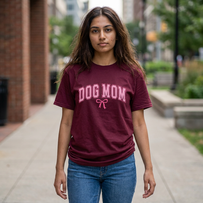 Dog Mom varsity arched pink lettering tee with small pink bow