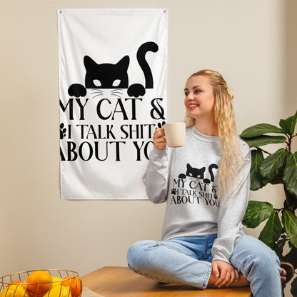 Model wearing a sweatshirt in Ash with a black cat graphic and My Cat and I Talk Shit About You lettering