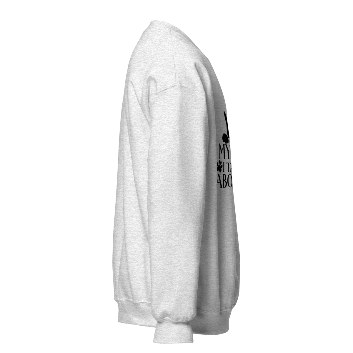 Side view of a sweatshirt in Ash with part of the black cat chest graphic visible