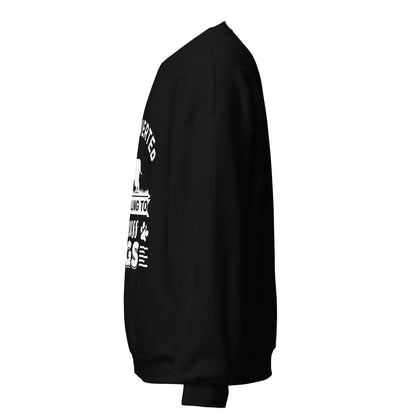 Side view of a sweatshirt in Black with part of the white dog-themed chest print visible