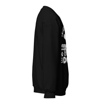 Side view of a sweatshirt in Black with part of the white dog-themed chest print visible