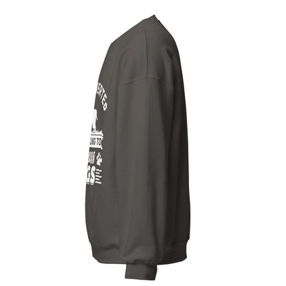 Side view of a sweatshirt in Charcoal with part of the white dog-themed chest print visible