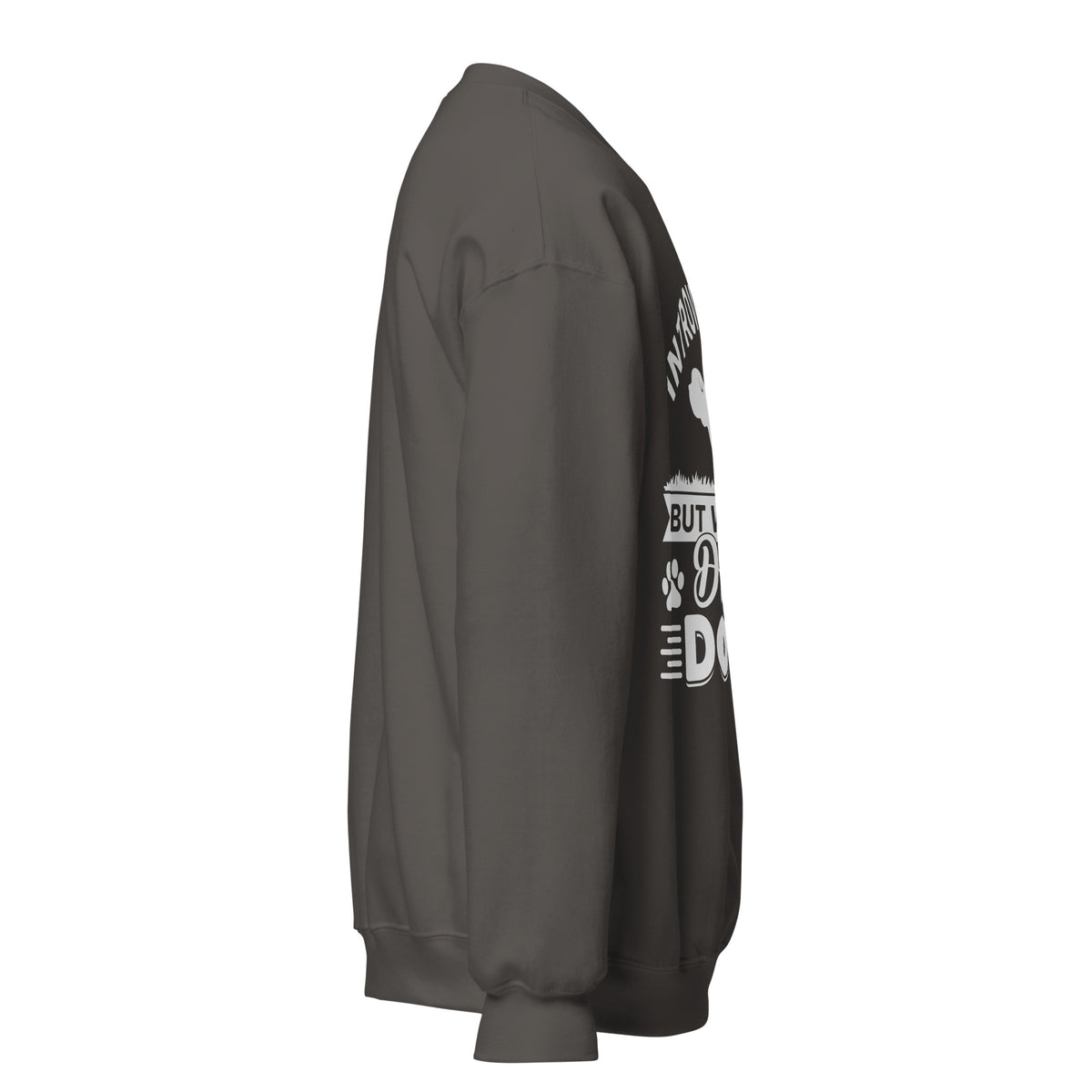 Side view of a sweatshirt in Charcoal with part of the white dog-themed chest print visible