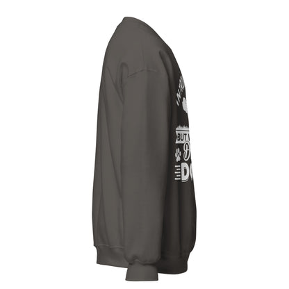 Side view of a sweatshirt in Charcoal with part of the white dog-themed chest print visible