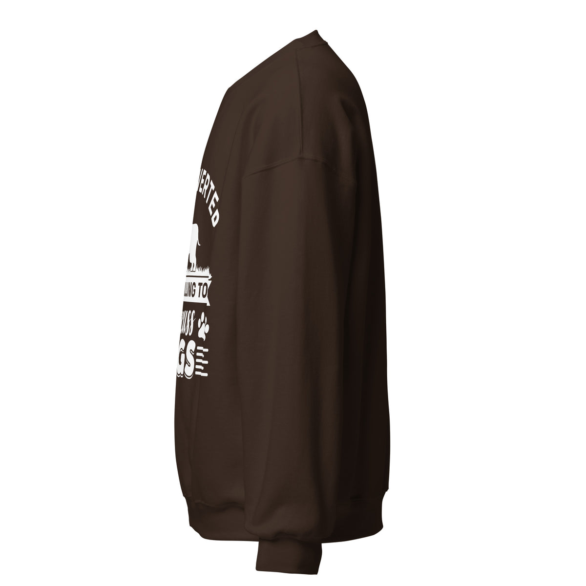 Side view of a sweatshirt in Dark Chocolate with part of the white dog-themed chest print visible