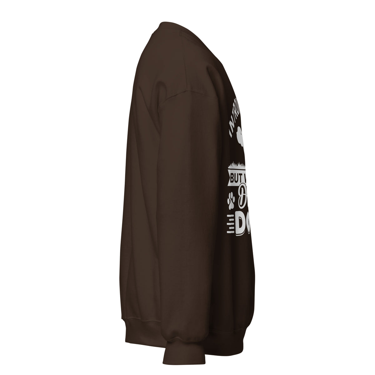 Side view of a sweatshirt in Dark Chocolate with part of the white dog-themed chest print visible