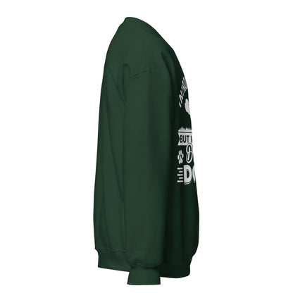 Side view of a sweatshirt in Forest Green with part of the white dog-themed chest print visible