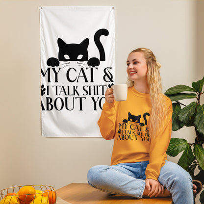 Model wearing a sweatshirt in Gold with a black cat graphic and My Cat and I Talk Shit About You lettering