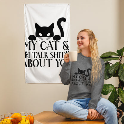 Model wearing a sweatshirt in Graphite Heather with a black cat graphic and My Cat and I Talk Shit About You lettering