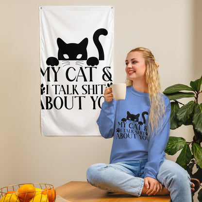 Model wearing a sweatshirt in Heather Deep Royal with a black cat graphic and My Cat and I Talk Shit About You lettering
