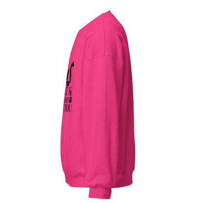 Side view of a sweatshirt in Heliconia with part of the black cat chest graphic visible