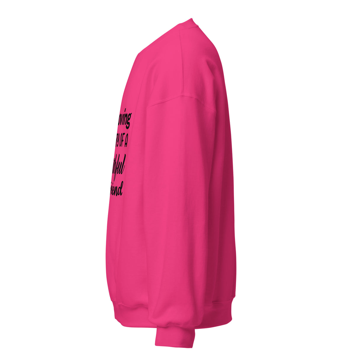Side view of a sweatshirt in Heliconia with part of the memorial chest print visible