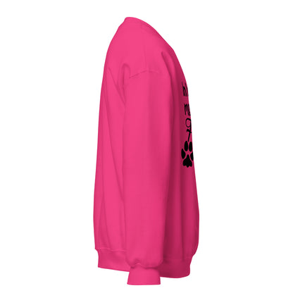 Side view of a sweatshirt in Heliconia with part of the memorial chest print visible