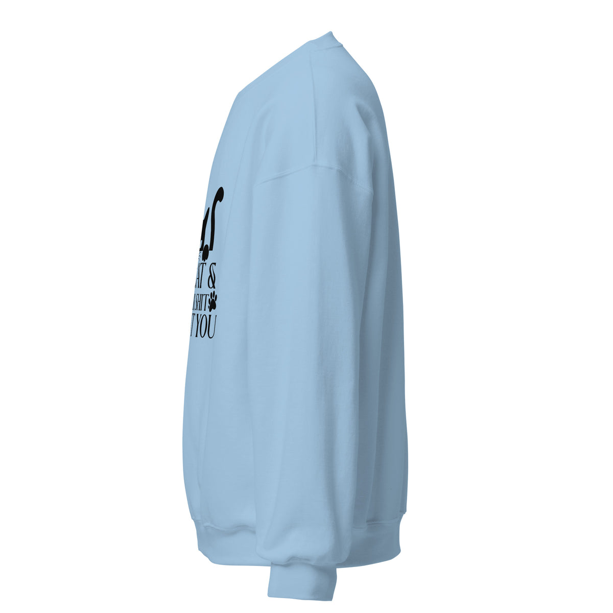 Side view of a sweatshirt in Light Blue with part of the black cat chest graphic visible