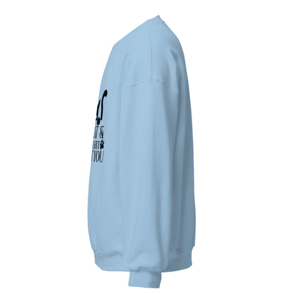 Side view of a sweatshirt in Light Blue with part of the black cat chest graphic visible