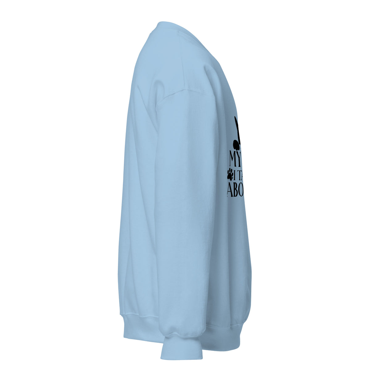 Side view of a sweatshirt in Light Blue with part of the black cat chest graphic visible