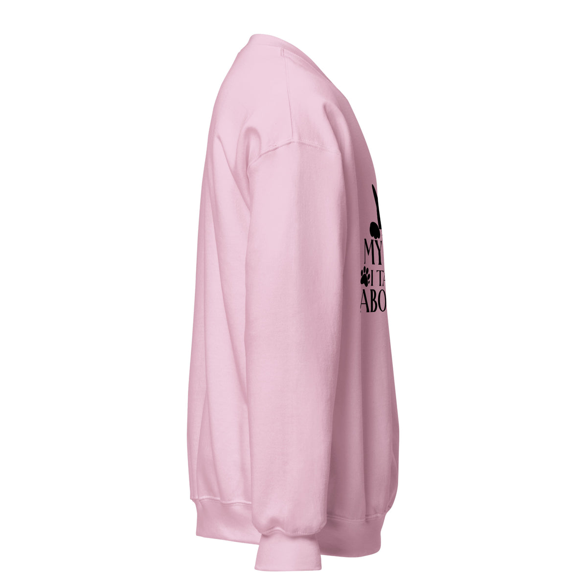 Side view of a sweatshirt in Light Pink with part of the black cat chest graphic visible