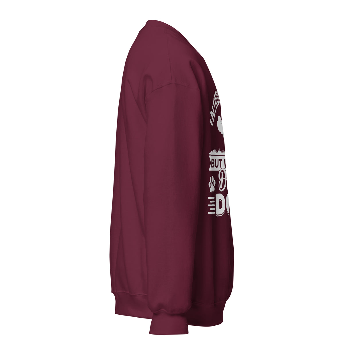 Side view of a sweatshirt in Maroon with part of the white dog-themed chest print visible