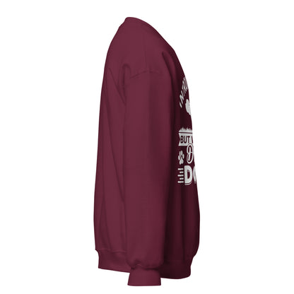 Side view of a sweatshirt in Maroon with part of the white dog-themed chest print visible