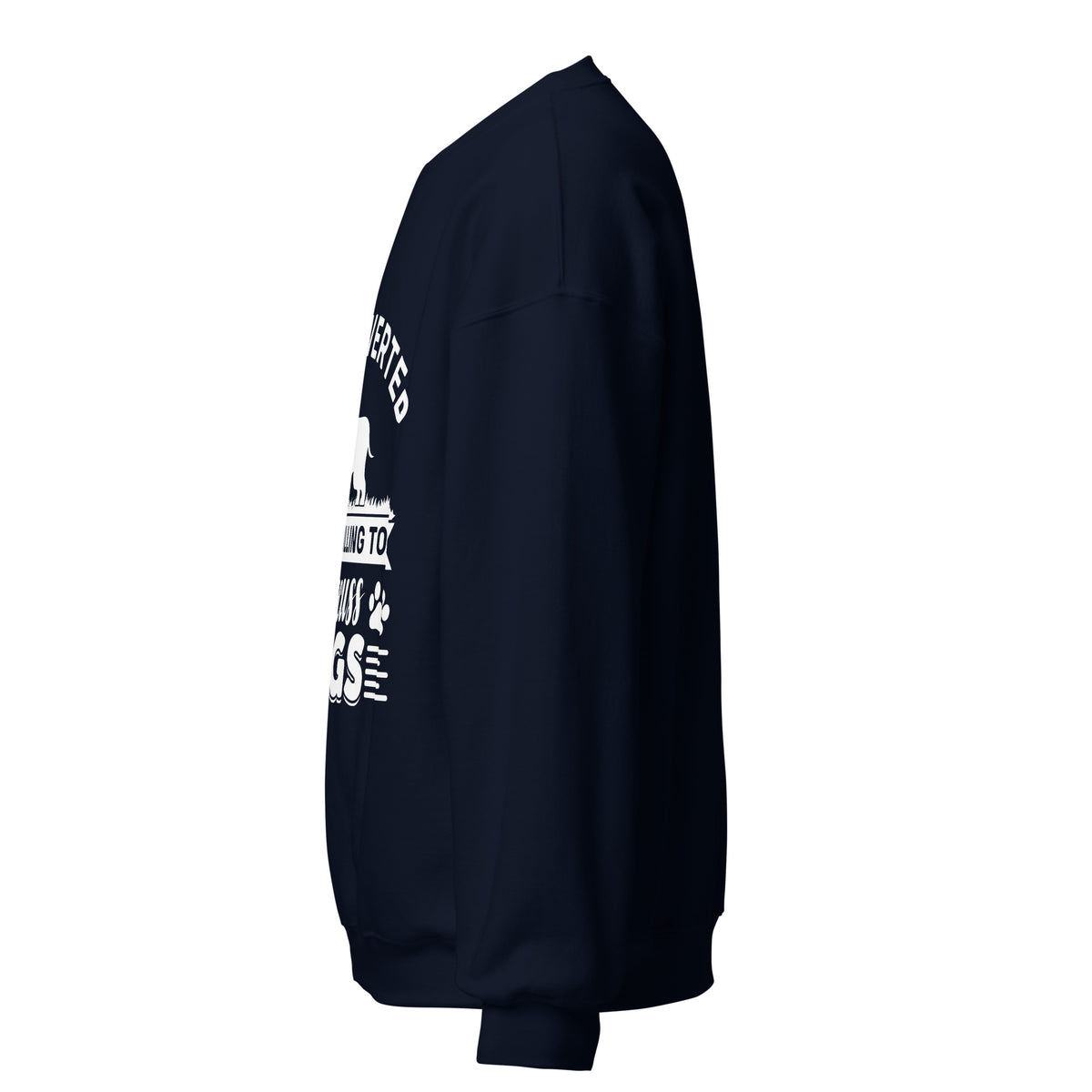 Side view of a sweatshirt in Navy with part of the white dog-themed chest print visible