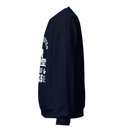 Side view of a sweatshirt in Navy with part of the white dog-themed chest print visible