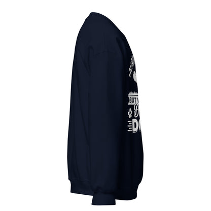 Side view of a sweatshirt in Navy with part of the white dog-themed chest print visible