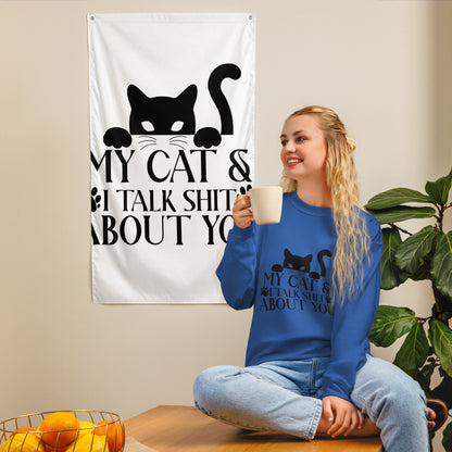 Model wearing a sweatshirt in Royal with a black cat graphic and My Cat and I Talk Shit About You lettering