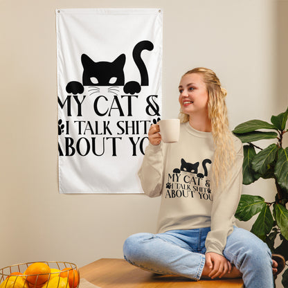 Model wearing a sweatshirt in Sand with a black cat graphic and My Cat and I Talk Shit About You lettering