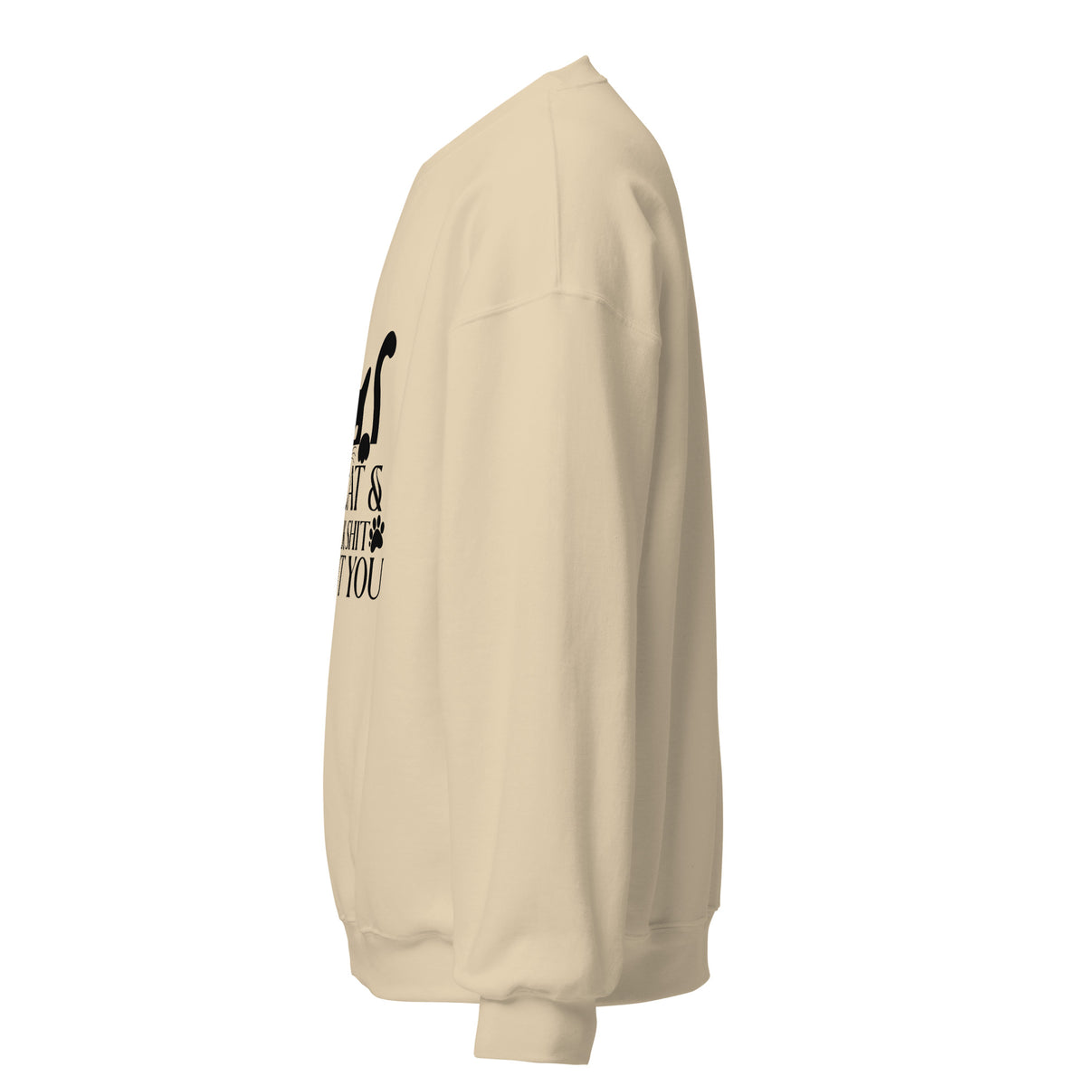 Side view of a sweatshirt in Sand with part of the black cat chest graphic visible