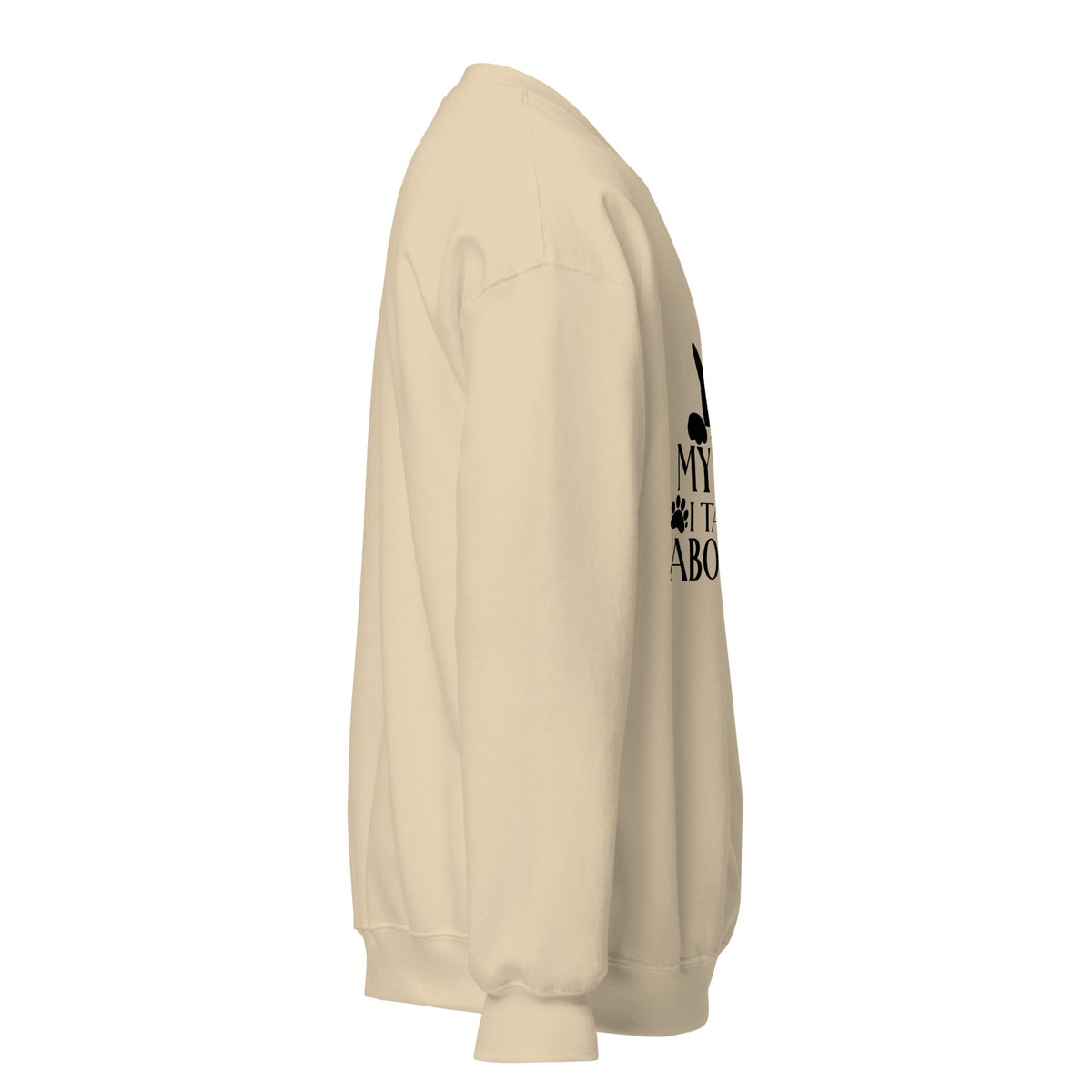 Side view of a sweatshirt in Sand with part of the black cat chest graphic visible