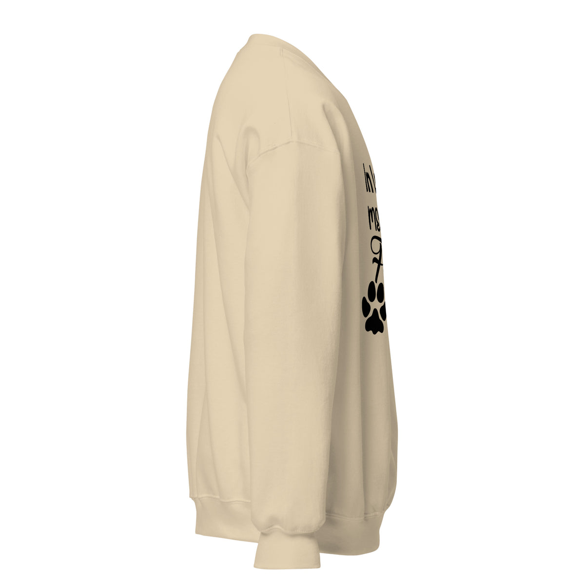 Side view of a sweatshirt in Sand with part of the memorial chest print visible