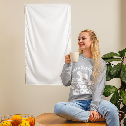 Model wearing a sweatshirt in Sport Grey with a white dog silhouette and Introverted But Willing to Discuss Dogs lettering