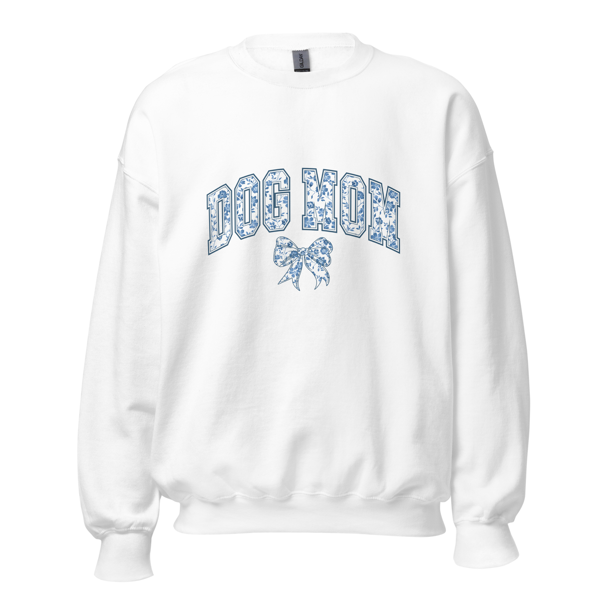 Dog Mom Floral Varsity sweatshirt — White Gildan 18000, authentic Printful front mockup