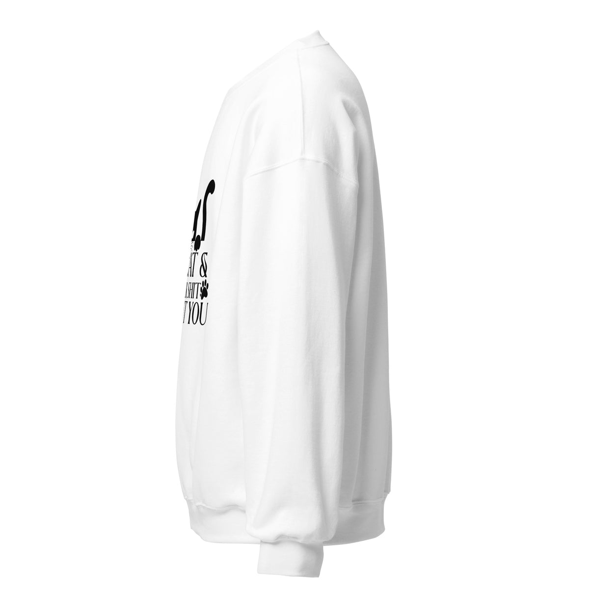 Side view of a sweatshirt in White with part of the black cat chest graphic visible