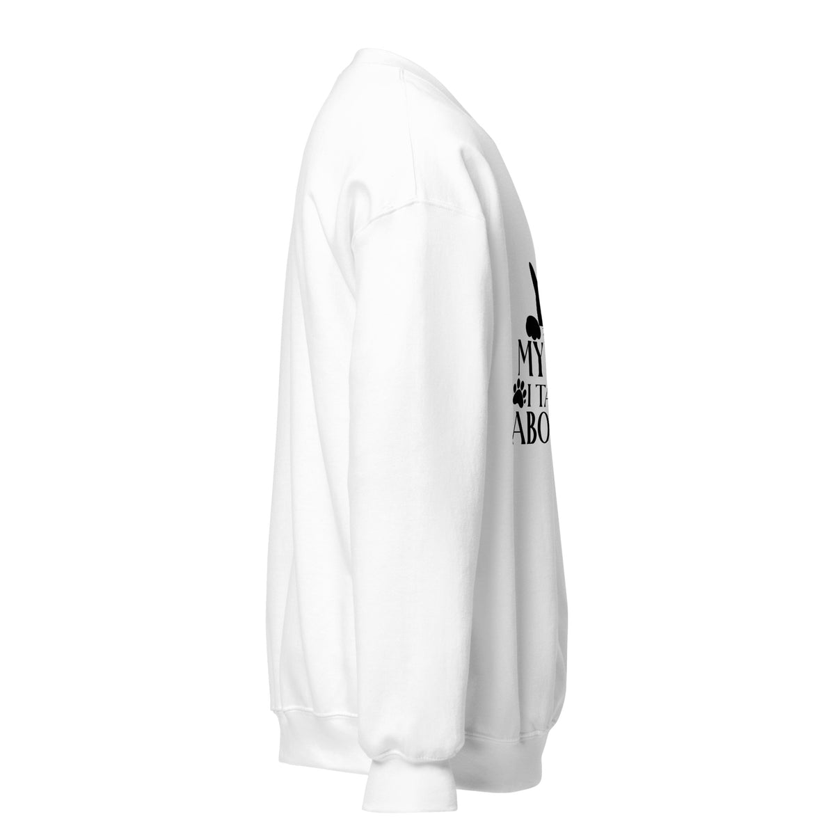 Side view of a sweatshirt in White with part of the black cat chest graphic visible