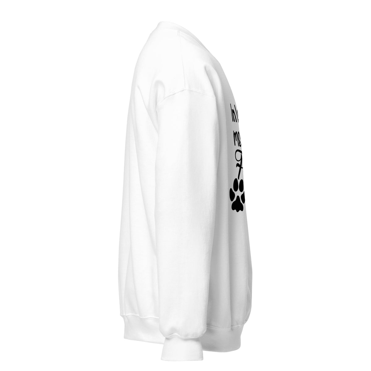 Side view of a sweatshirt in White with part of the memorial chest print visible